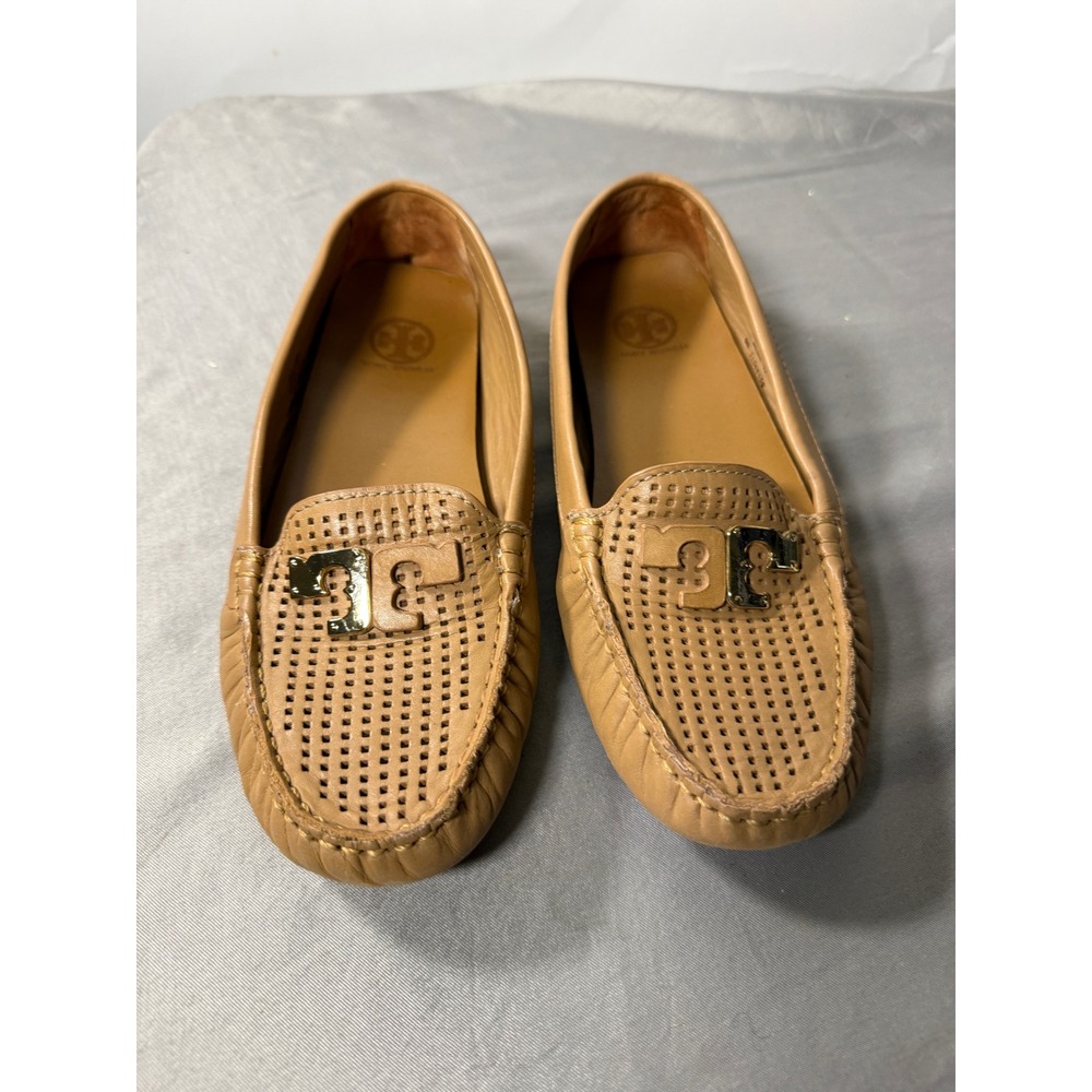 Tory Burch Tan Leather Perforated Driving Loafers Gold Logo 51148409 Mens 8M